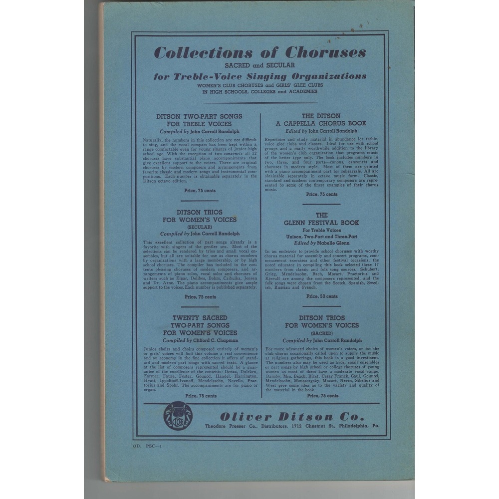 Ditson Trios for Womens Voices Sacred John Carroll Randolph Oliver Ditson Co - Picture 2 of 3